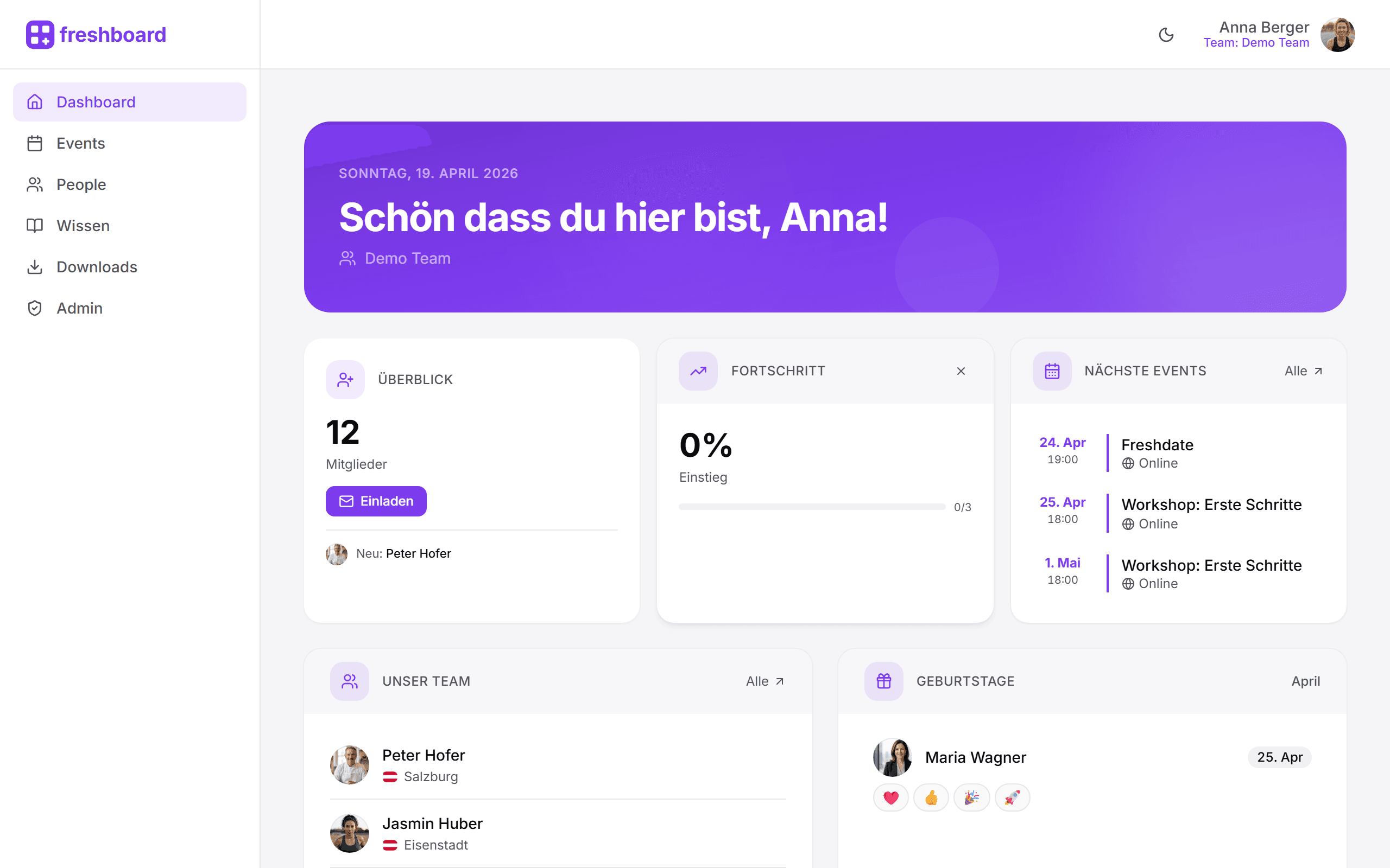freshboard Dashboard mit Team-Übersicht, Events und Geburtstagen